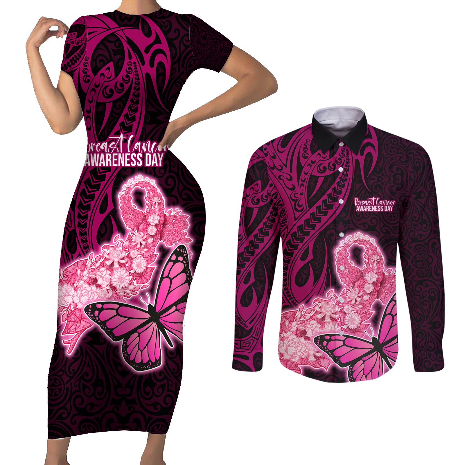 Polynesia Breast Cancer Couples Matching Short Sleeve Bodycon Dress and Long Sleeve Button Shirts Butterfly and Flowers Ribbon Maori Tattoo Ethnic Black Style LT03 Black - Polynesian Pride