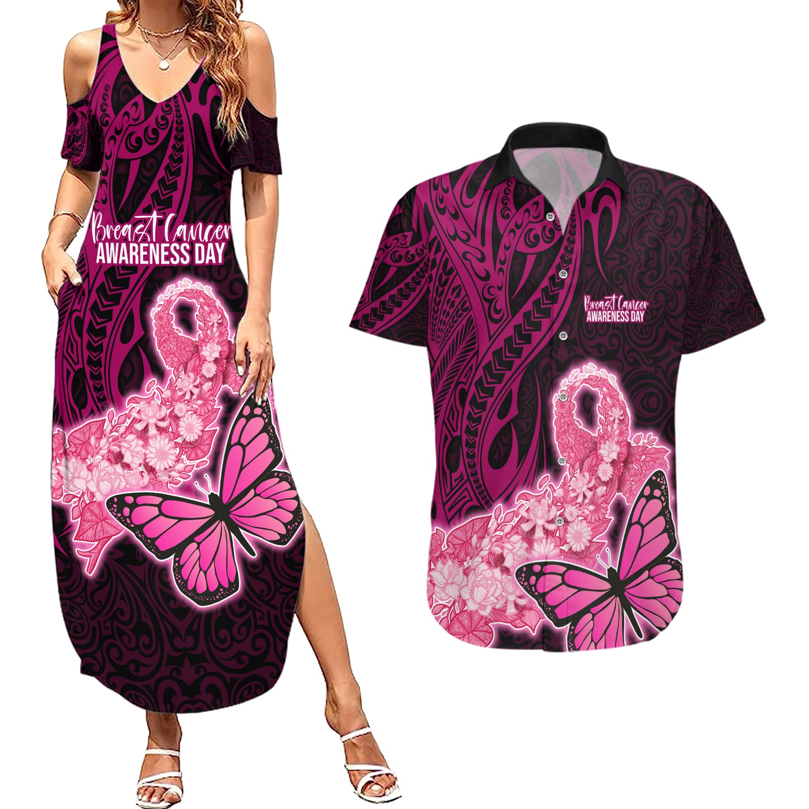 Polynesia Breast Cancer Couples Matching Summer Maxi Dress and Hawaiian Shirt Butterfly and Flowers Ribbon Maori Tattoo Ethnic Black Style LT03 Black - Polynesian Pride