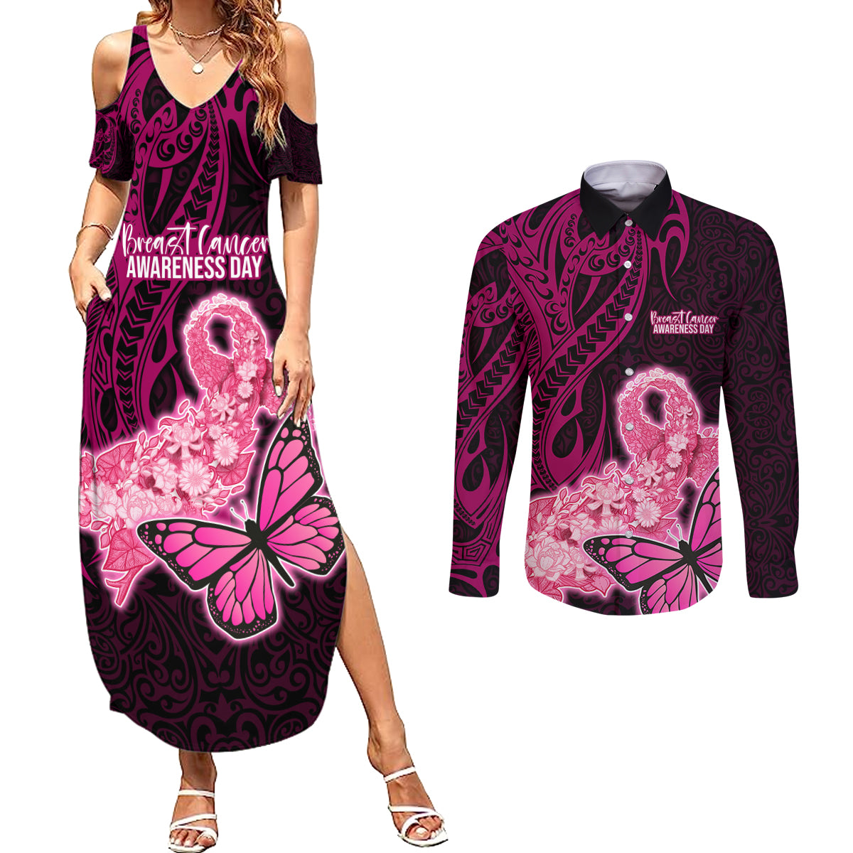 Polynesia Breast Cancer Couples Matching Summer Maxi Dress and Long Sleeve Button Shirts Butterfly and Flowers Ribbon Maori Tattoo Ethnic Black Style LT03 Black - Polynesian Pride