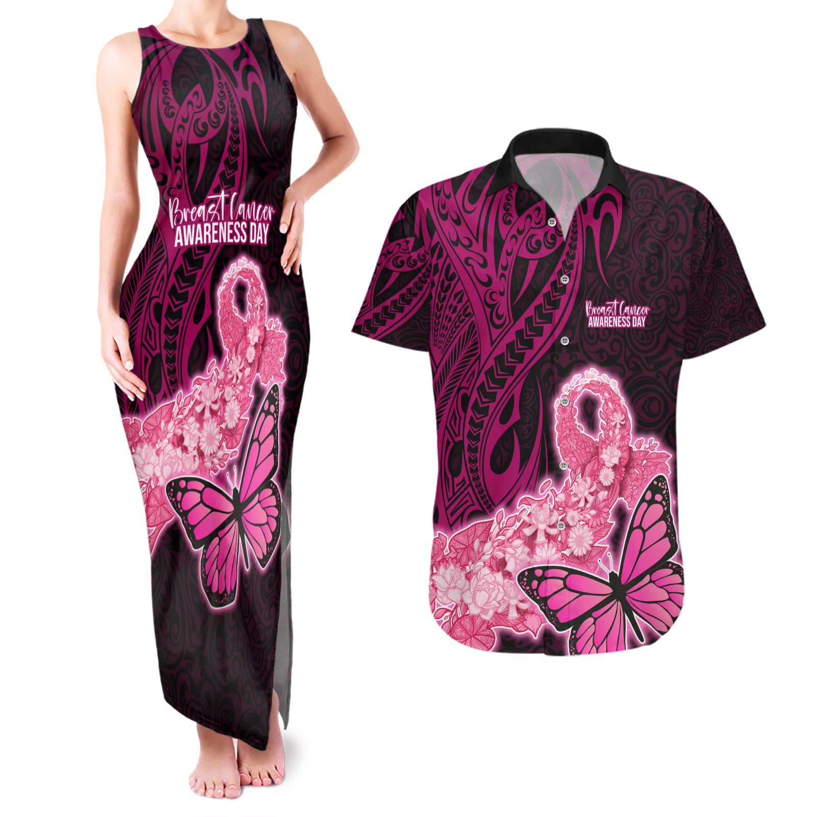 Polynesia Breast Cancer Couples Matching Tank Maxi Dress and Hawaiian Shirt Butterfly and Flowers Ribbon Maori Tattoo Ethnic Black Style LT03 Black - Polynesian Pride