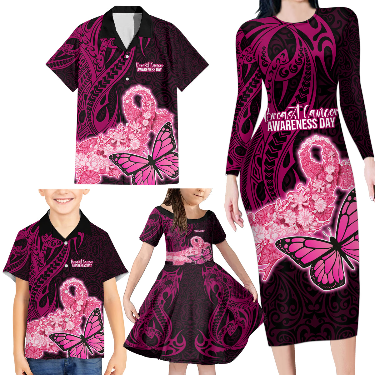 Polynesia Breast Cancer Family Matching Long Sleeve Bodycon Dress and Hawaiian Shirt Butterfly and Flowers Ribbon Maori Tattoo Ethnic Black Style LT03 - Polynesian Pride