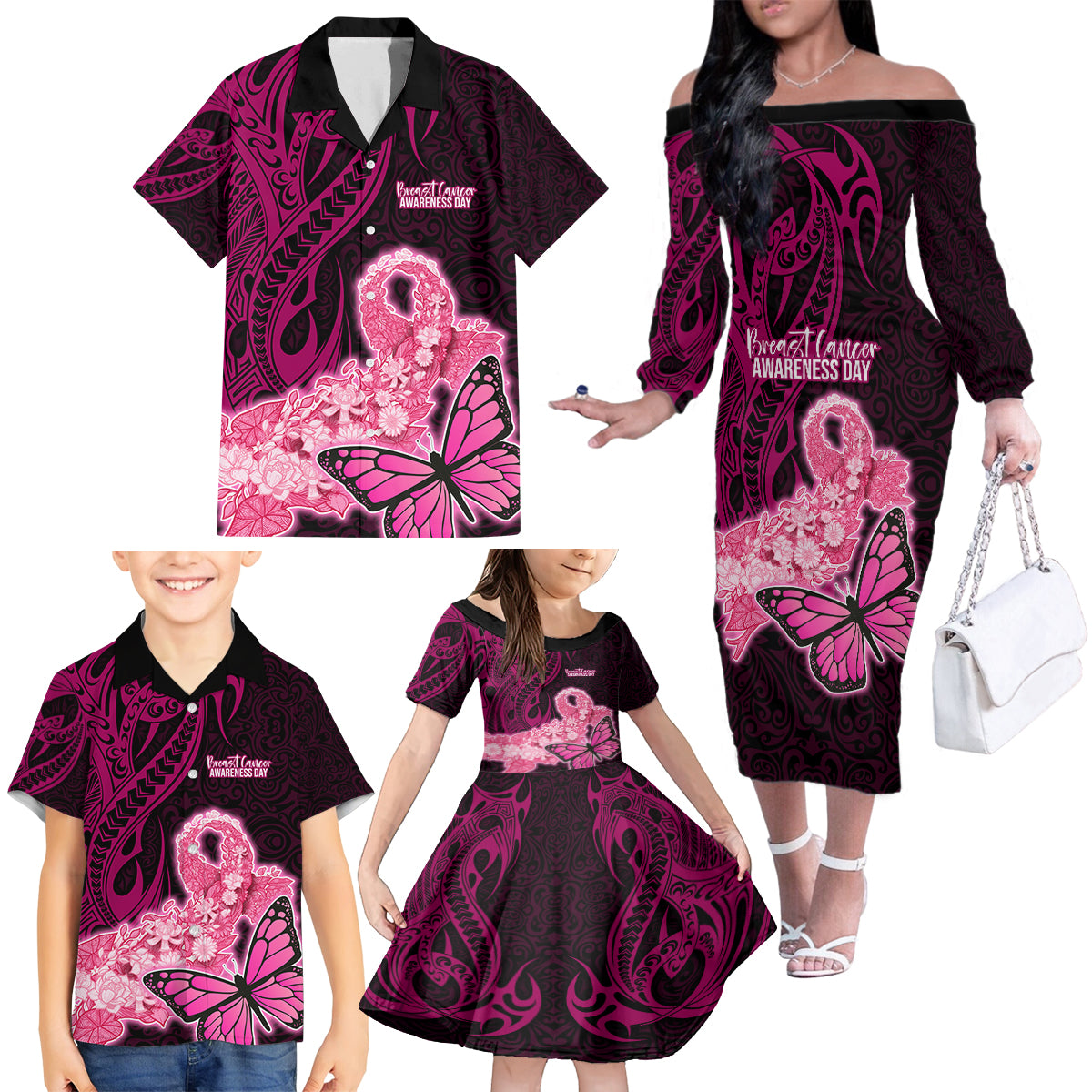 Polynesia Breast Cancer Family Matching Off Shoulder Long Sleeve Dress and Hawaiian Shirt Butterfly and Flowers Ribbon Maori Tattoo Ethnic Black Style LT03 - Polynesian Pride