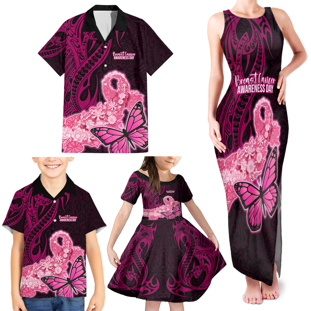 Polynesia Breast Cancer Family Matching Tank Maxi Dress and Hawaiian Shirt Butterfly and Flowers Ribbon Maori Tattoo Ethnic Black Style LT03 - Polynesian Pride