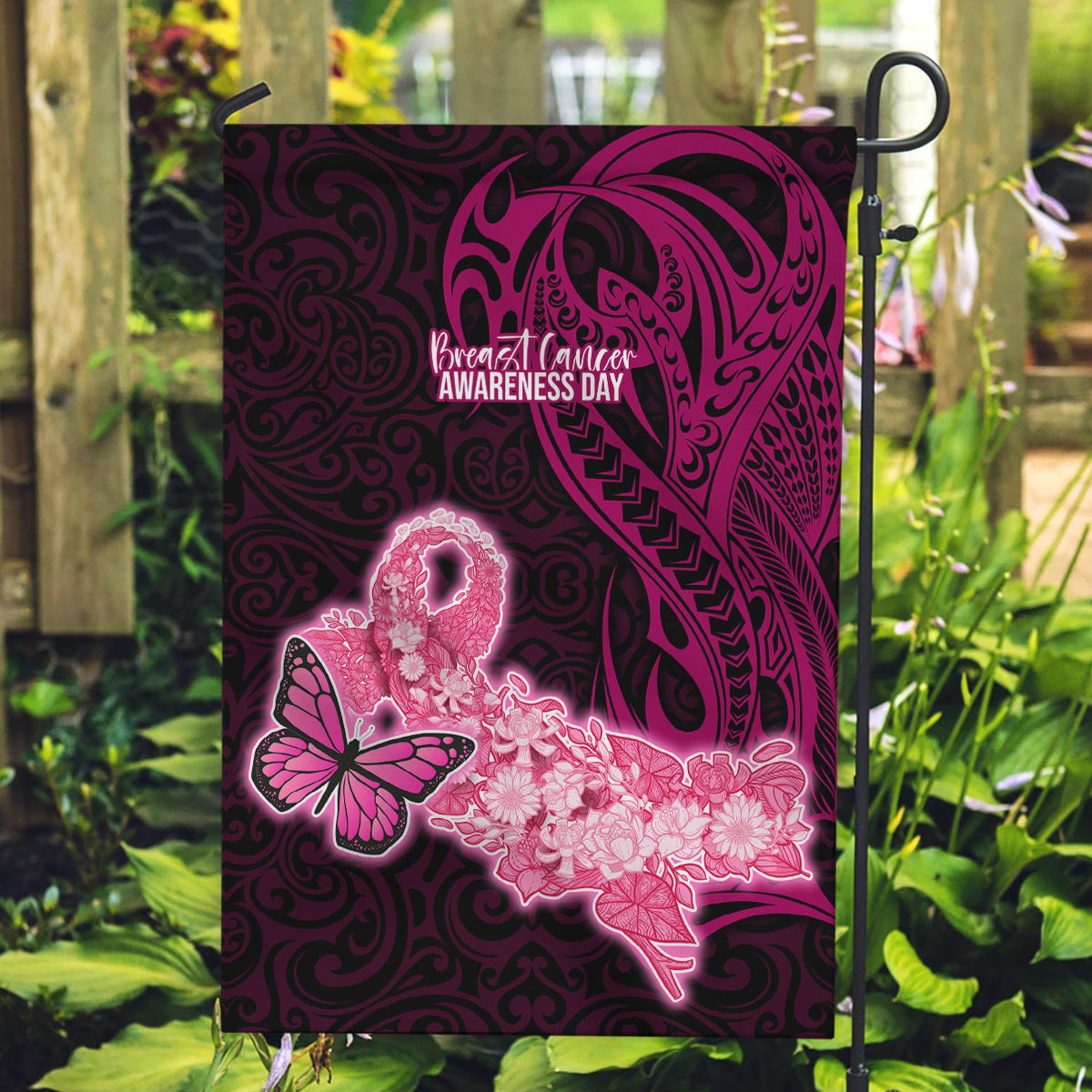 Polynesia Breast Cancer Garden Flag Butterfly and Flowers Ribbon Maori Tattoo Ethnic Black Style LT03 Garden Flag Black - Polynesian Pride