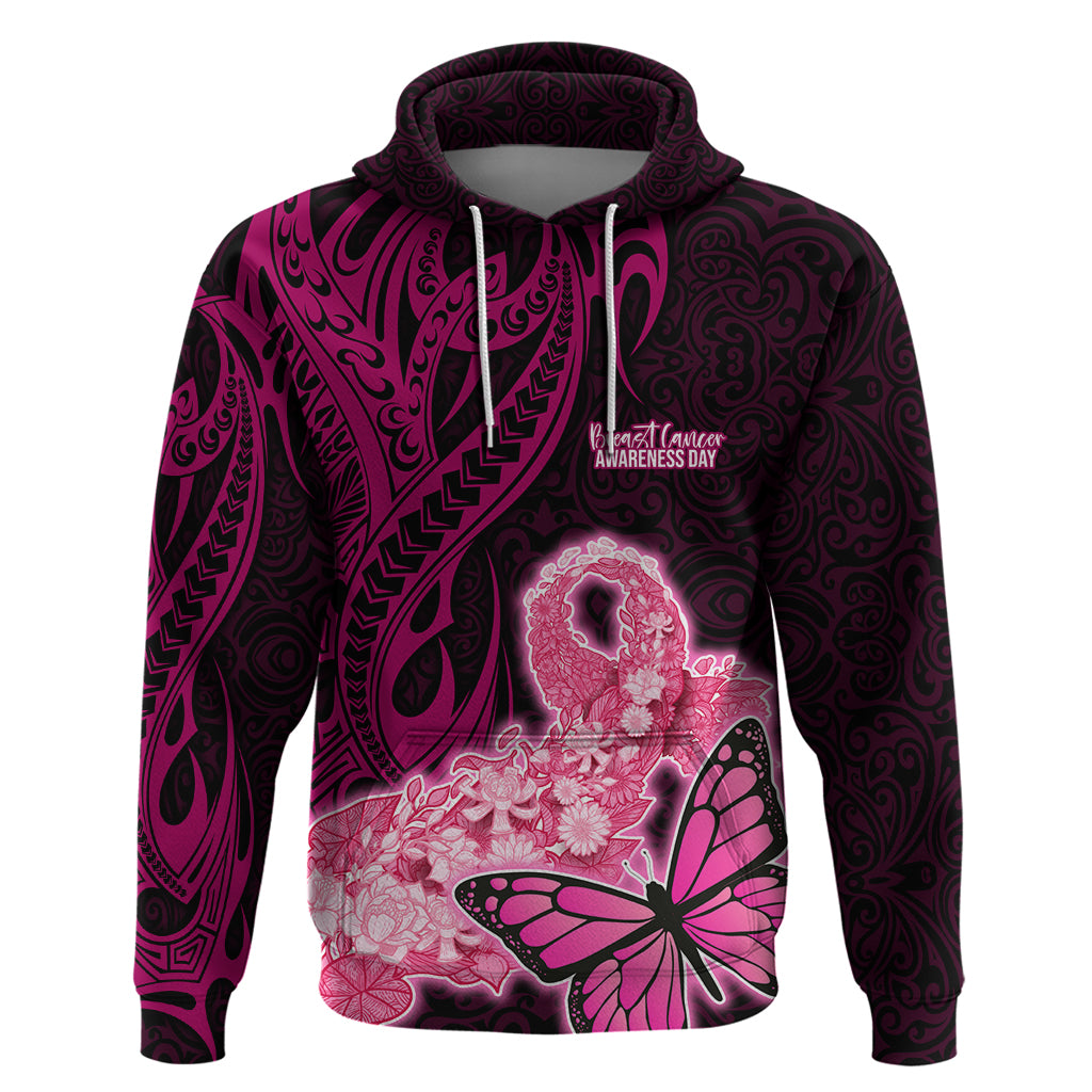 Polynesia Breast Cancer Hoodie Butterfly and Flowers Ribbon Maori Tattoo Ethnic Black Style LT03 Black - Polynesian Pride