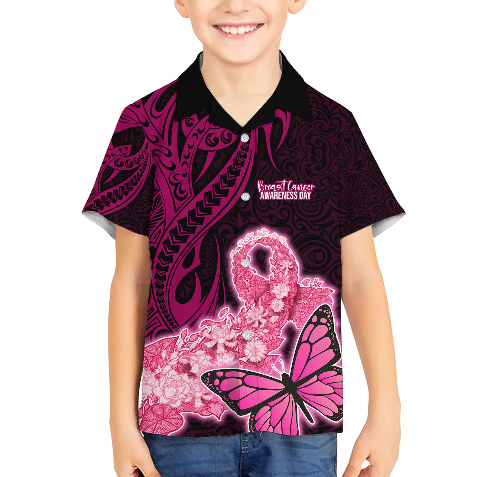 Polynesia Breast Cancer Kid Hawaiian Shirt Butterfly and Flowers Ribbon Maori Tattoo Ethnic Black Style LT03 Kid Black - Polynesian Pride