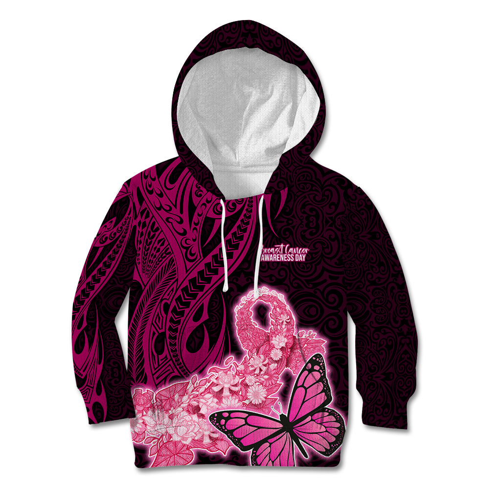 Polynesia Breast Cancer Kid Hoodie Butterfly and Flowers Ribbon Maori Tattoo Ethnic Black Style LT03 Hoodie Black - Polynesian Pride