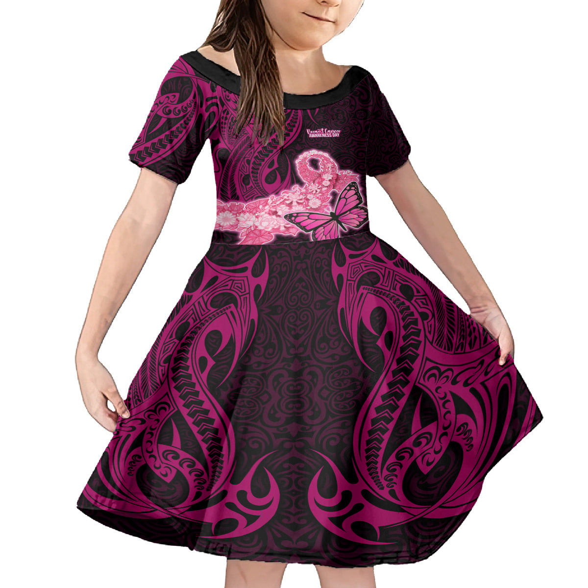 Polynesia Breast Cancer Kid Short Sleeve Dress Butterfly and Flowers Ribbon Maori Tattoo Ethnic Black Style LT03 KID Black - Polynesian Pride