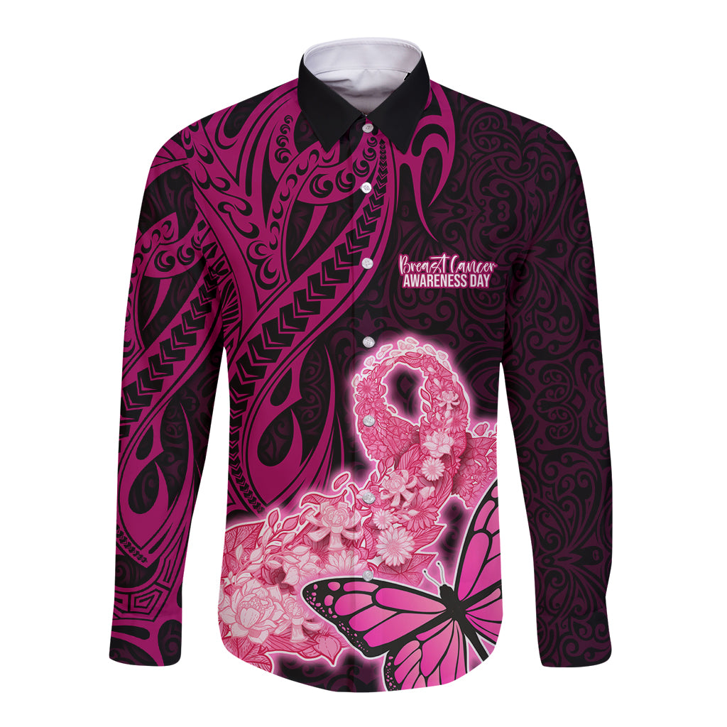 Polynesia Breast Cancer Long Sleeve Button Shirt Butterfly and Flowers Ribbon Maori Tattoo Ethnic Black Style LT03 Unisex Black - Polynesian Pride