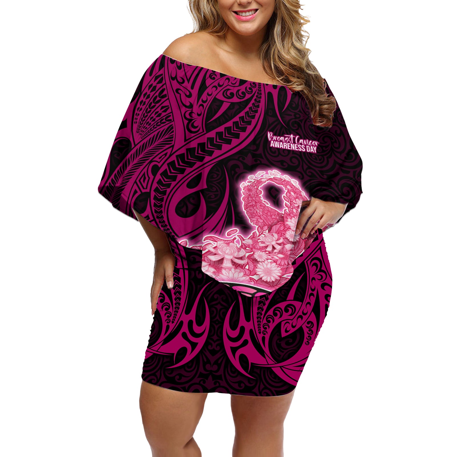 Polynesia Breast Cancer Off Shoulder Short Dress Butterfly and Flowers Ribbon Maori Tattoo Ethnic Black Style LT03 Women Black - Polynesian Pride