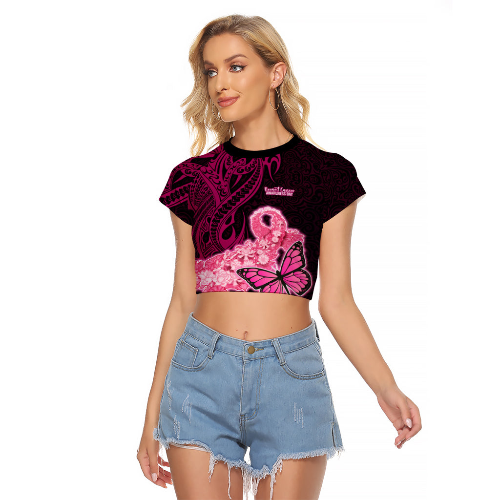 Polynesia Breast Cancer Raglan Cropped T Shirt Butterfly and Flowers Ribbon Maori Tattoo Ethnic Black Style LT03 Female Black - Polynesian Pride