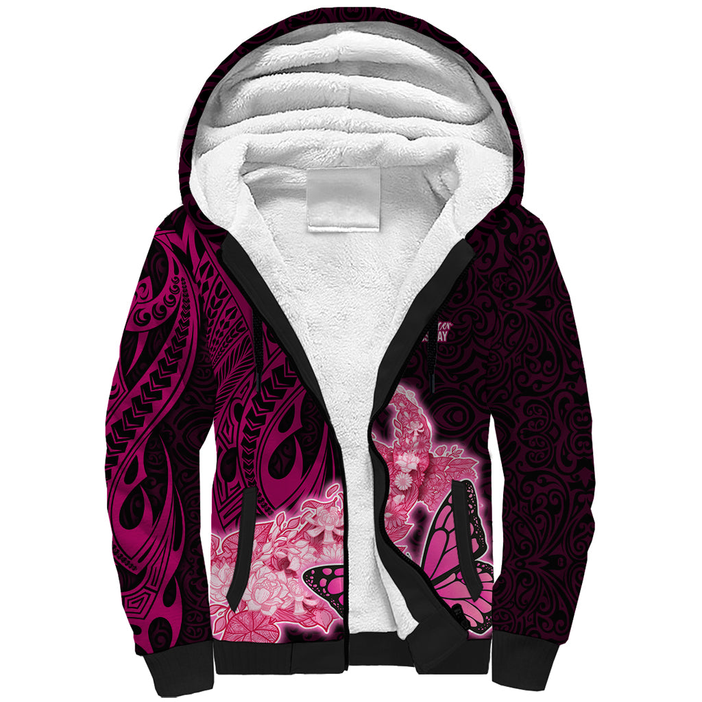 Polynesia Breast Cancer Sherpa Hoodie Butterfly and Flowers Ribbon Maori Tattoo Ethnic Black Style LT03 Unisex Black - Polynesian Pride