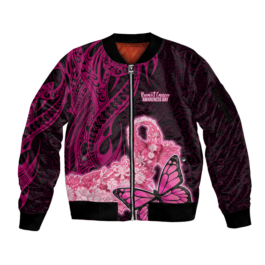 Polynesia Breast Cancer Sleeve Zip Bomber Jacket Butterfly and Flowers Ribbon Maori Tattoo Ethnic Black Style LT03 Unisex Black - Polynesian Pride