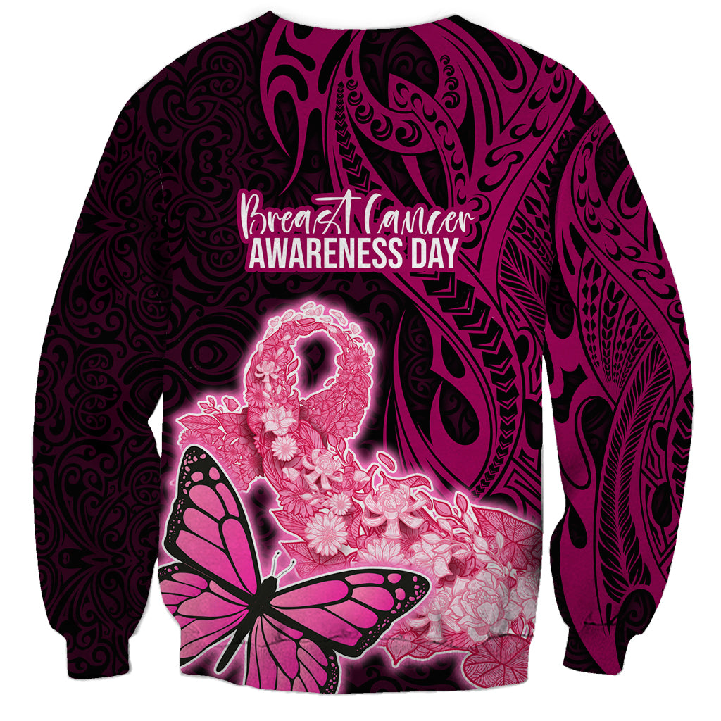 Polynesia Breast Cancer Sweatshirt Butterfly and Flowers Ribbon Maori Tattoo Ethnic Black Style LT03 - Polynesian Pride