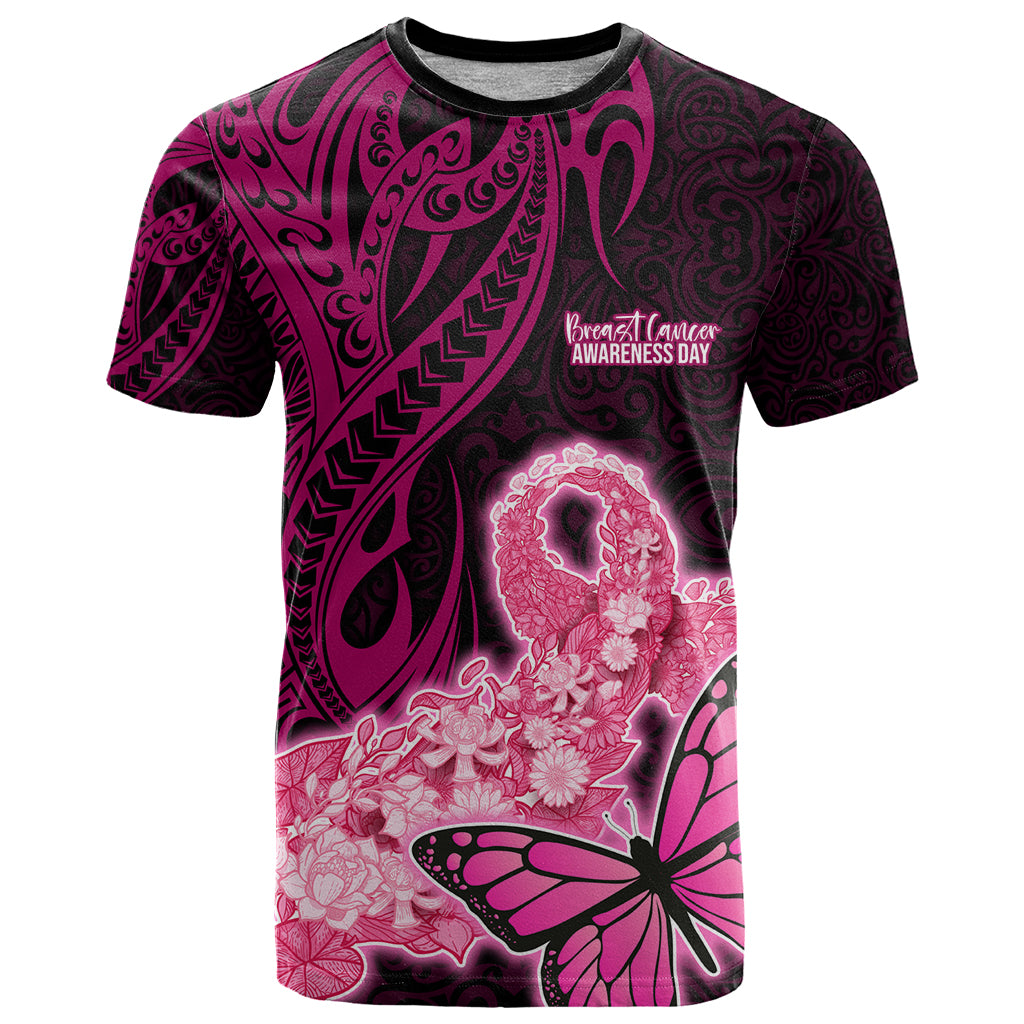 Polynesia Breast Cancer T Shirt Butterfly and Flowers Ribbon Maori Tattoo Ethnic Black Style LT03 Black - Polynesian Pride