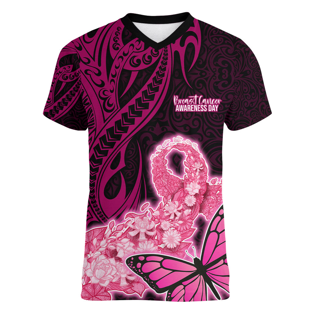 Polynesia Breast Cancer Women V Neck T Shirt Butterfly and Flowers Ribbon Maori Tattoo Ethnic Black Style LT03 Female Black - Polynesian Pride