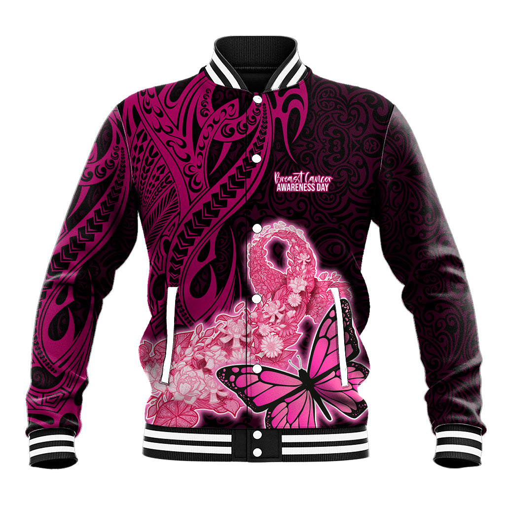 Custom Polynesia Breast Cancer Baseball Jacket Butterfly and Flowers Ribbon Maori Tattoo Ethnic Black Style LT03 Unisex Black - Polynesian Pride