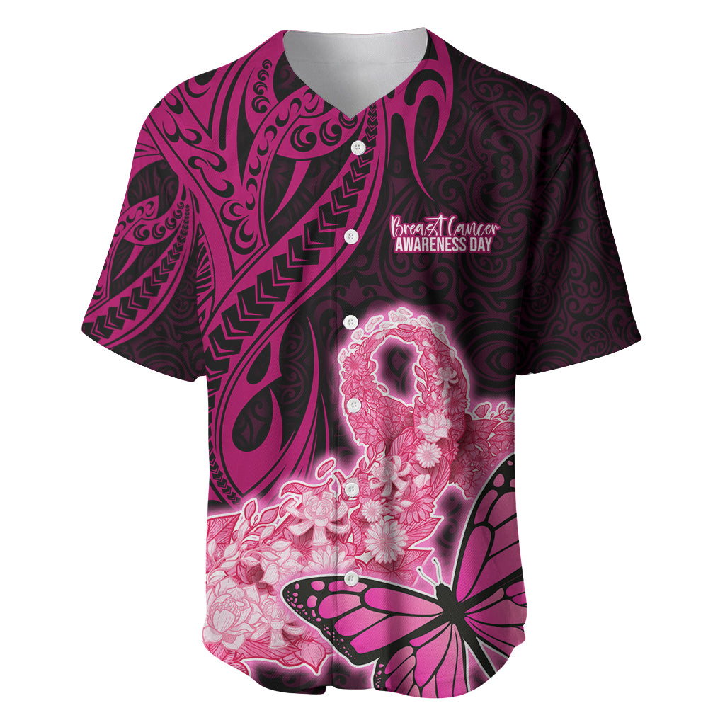 Custom Polynesia Breast Cancer Baseball Jersey Butterfly and Flowers Ribbon Maori Tattoo Ethnic Black Style LT03 Black - Polynesian Pride