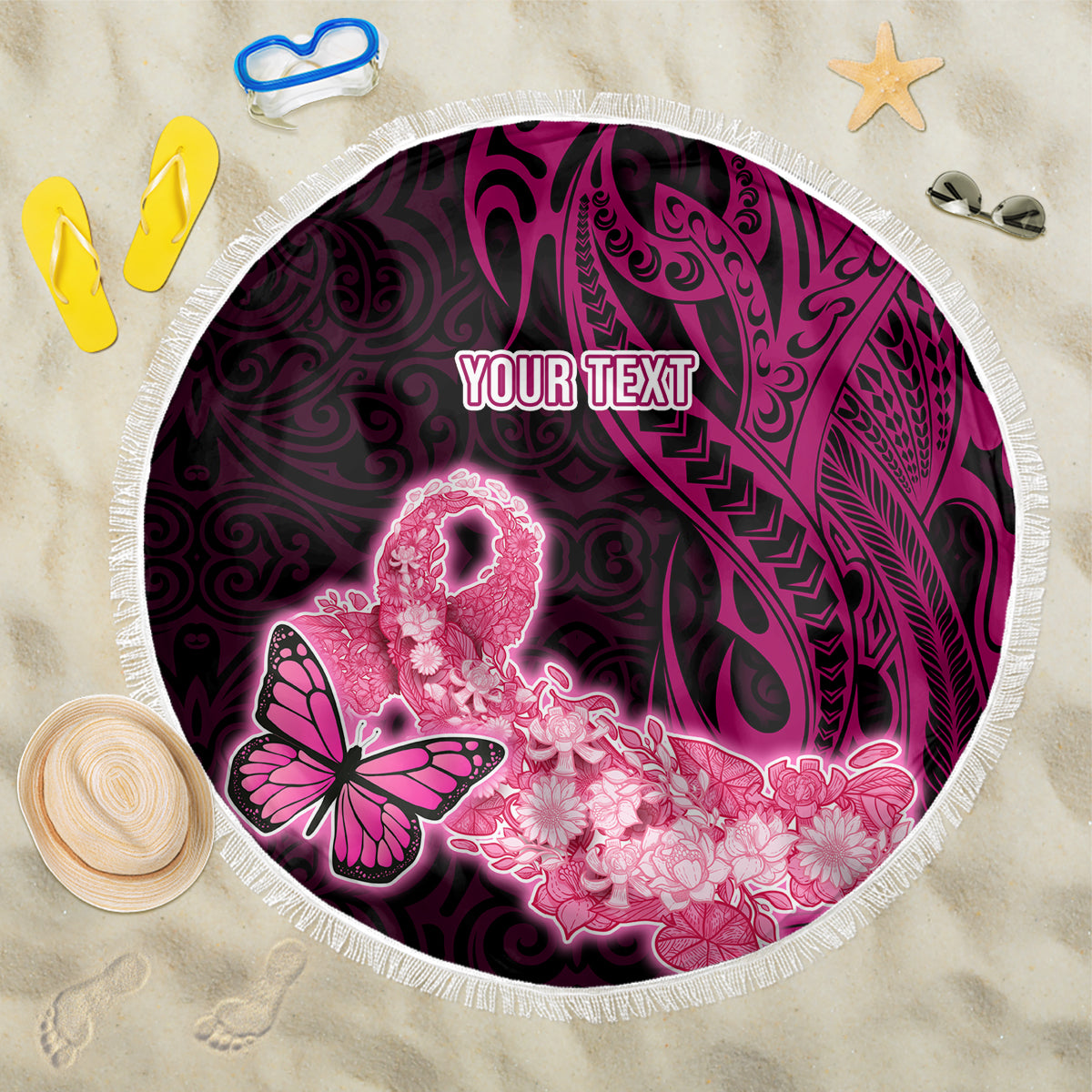 Custom Polynesia Breast Cancer Beach Blanket Butterfly and Flowers Ribbon Maori Tattoo Ethnic Black Style LT03 One Size 150cm Black - Wonder Print Shop