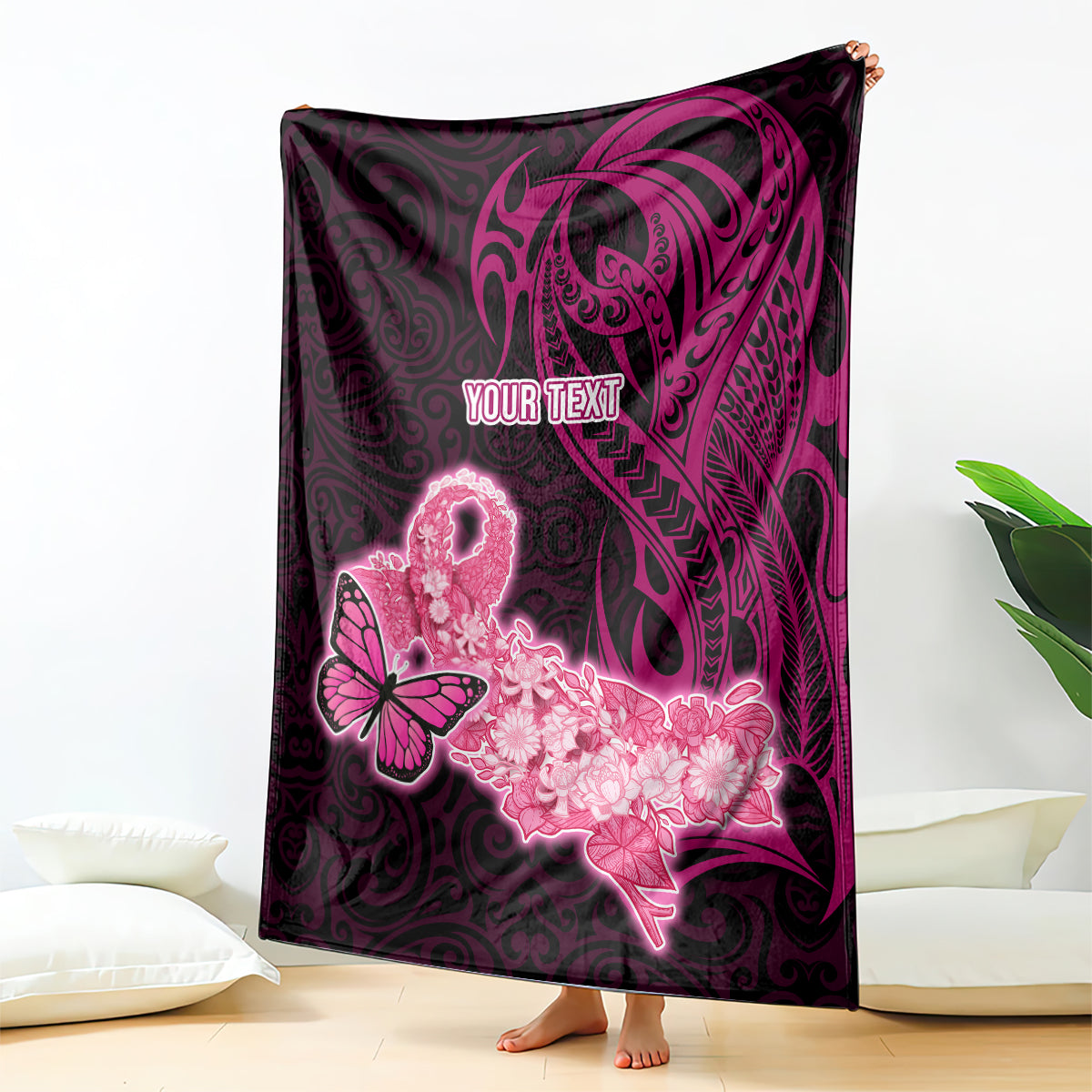 Custom Polynesia Breast Cancer Blanket Butterfly and Flowers Ribbon Maori Tattoo Ethnic Black Style LT03 Black - Polynesian Pride