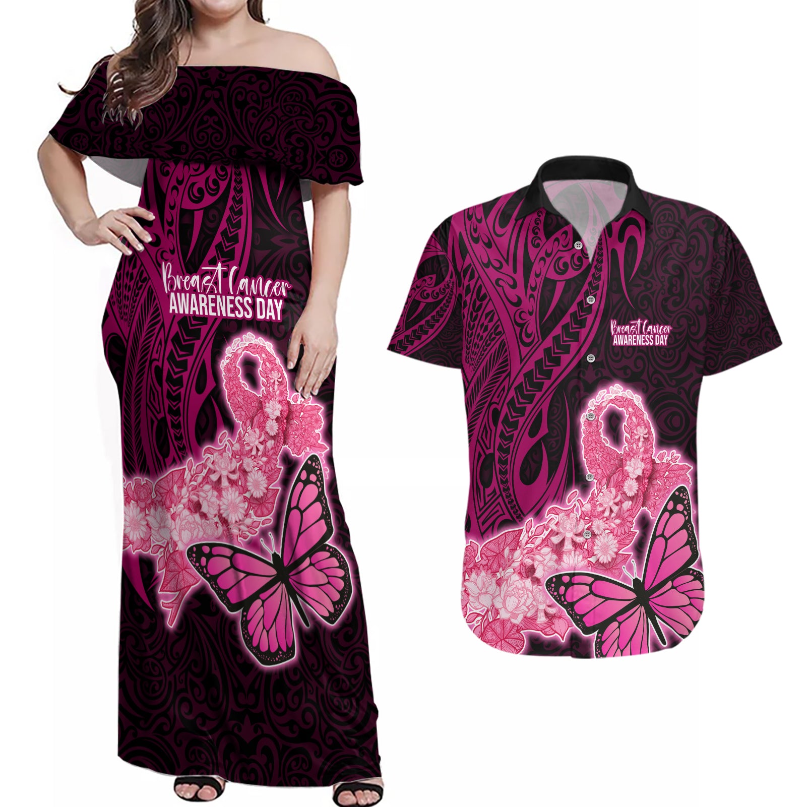 Custom Polynesia Breast Cancer Couples Matching Off Shoulder Maxi Dress and Hawaiian Shirt Butterfly and Flowers Ribbon Maori Tattoo Ethnic Black Style LT03 Black - Polynesian Pride