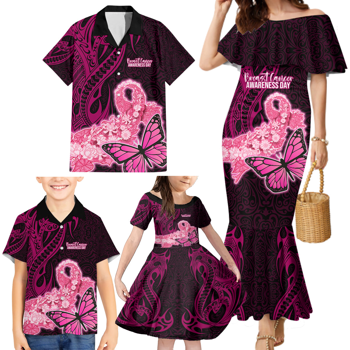 Custom Polynesia Breast Cancer Family Matching Mermaid Dress and Hawaiian Shirt Butterfly and Flowers Ribbon Maori Tattoo Ethnic Black Style LT03 - Polynesian Pride