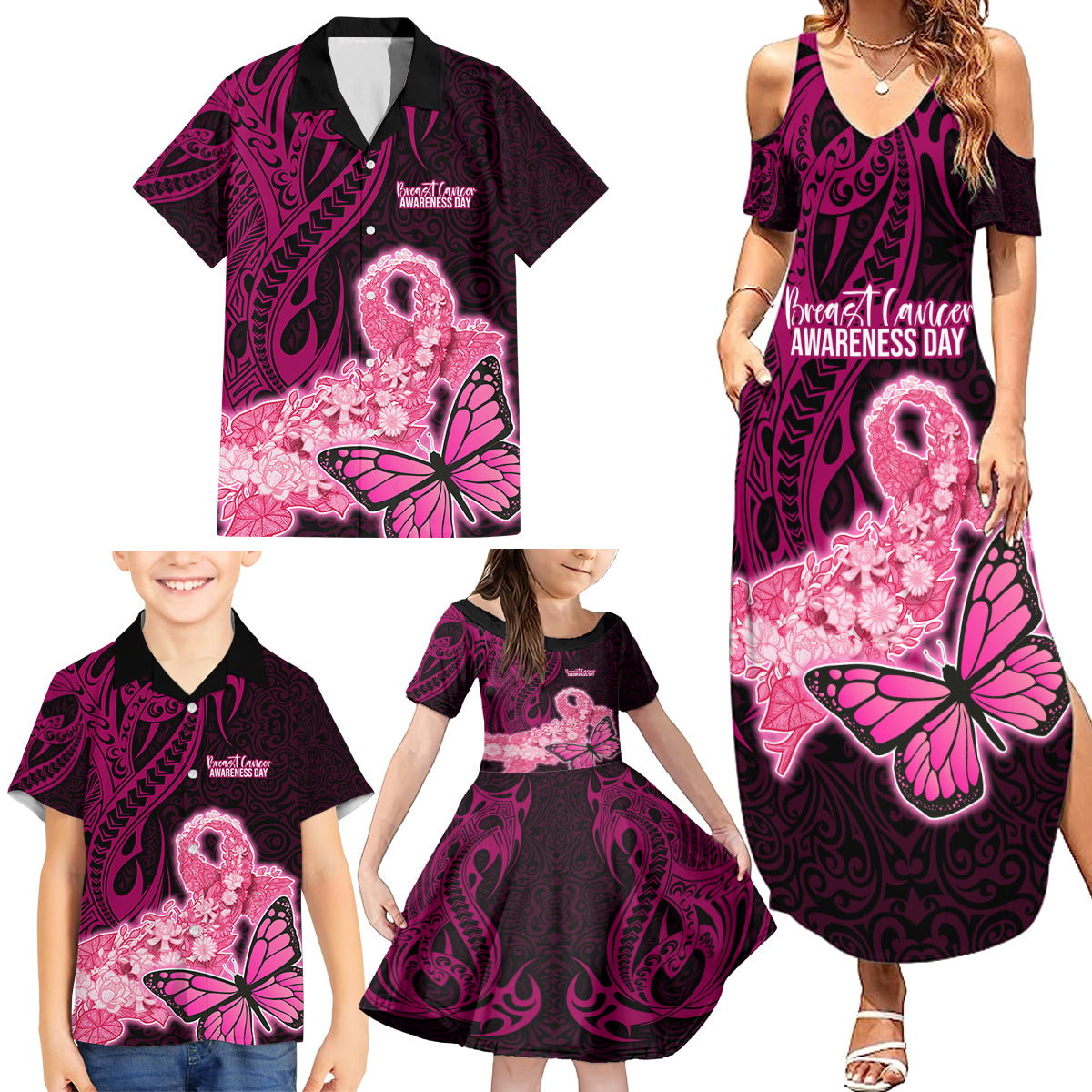 Custom Polynesia Breast Cancer Family Matching Summer Maxi Dress and Hawaiian Shirt Butterfly and Flowers Ribbon Maori Tattoo Ethnic Black Style LT03 - Polynesian Pride