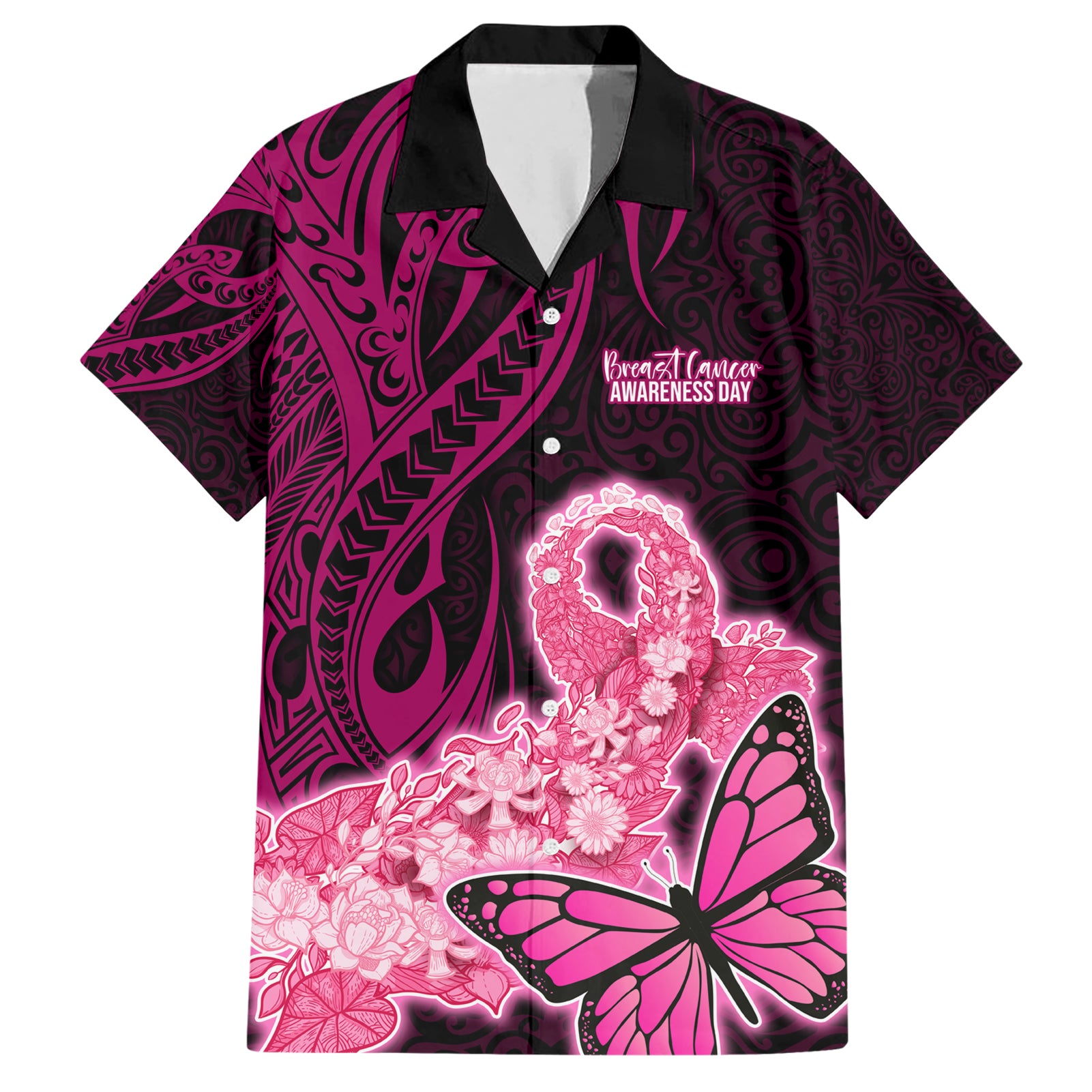 Custom Polynesia Breast Cancer Hawaiian Shirt Butterfly and Flowers Ribbon Maori Tattoo Ethnic Black Style LT03 Black - Polynesian Pride