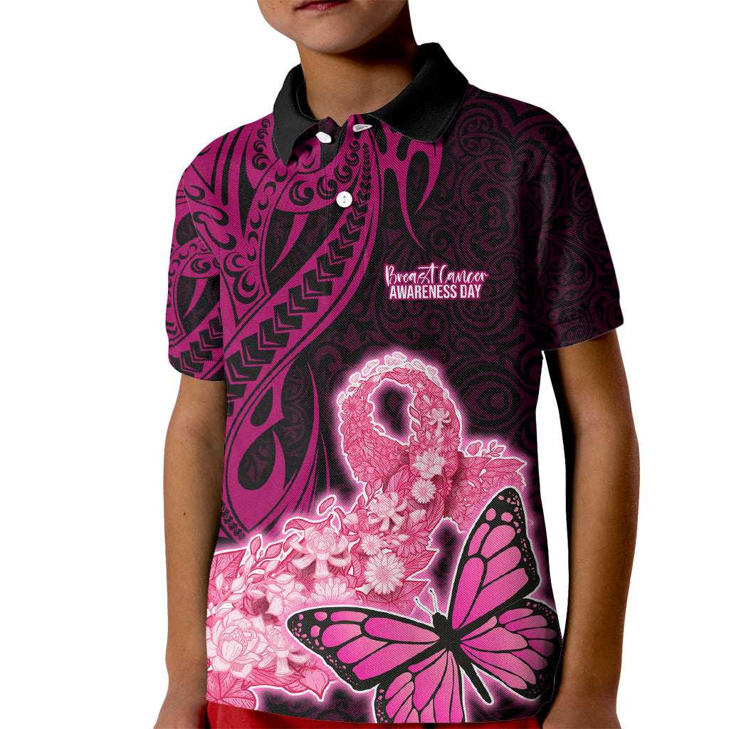 Custom Polynesia Breast Cancer Kid Polo Shirt Butterfly and Flowers Ribbon Maori Tattoo Ethnic Black Style LT03 Kid Black - Polynesian Pride