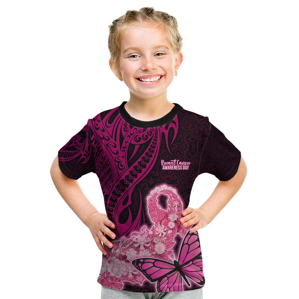 Custom Polynesia Breast Cancer Kid T Shirt Butterfly and Flowers Ribbon Maori Tattoo Ethnic Black Style LT03 Black - Polynesian Pride