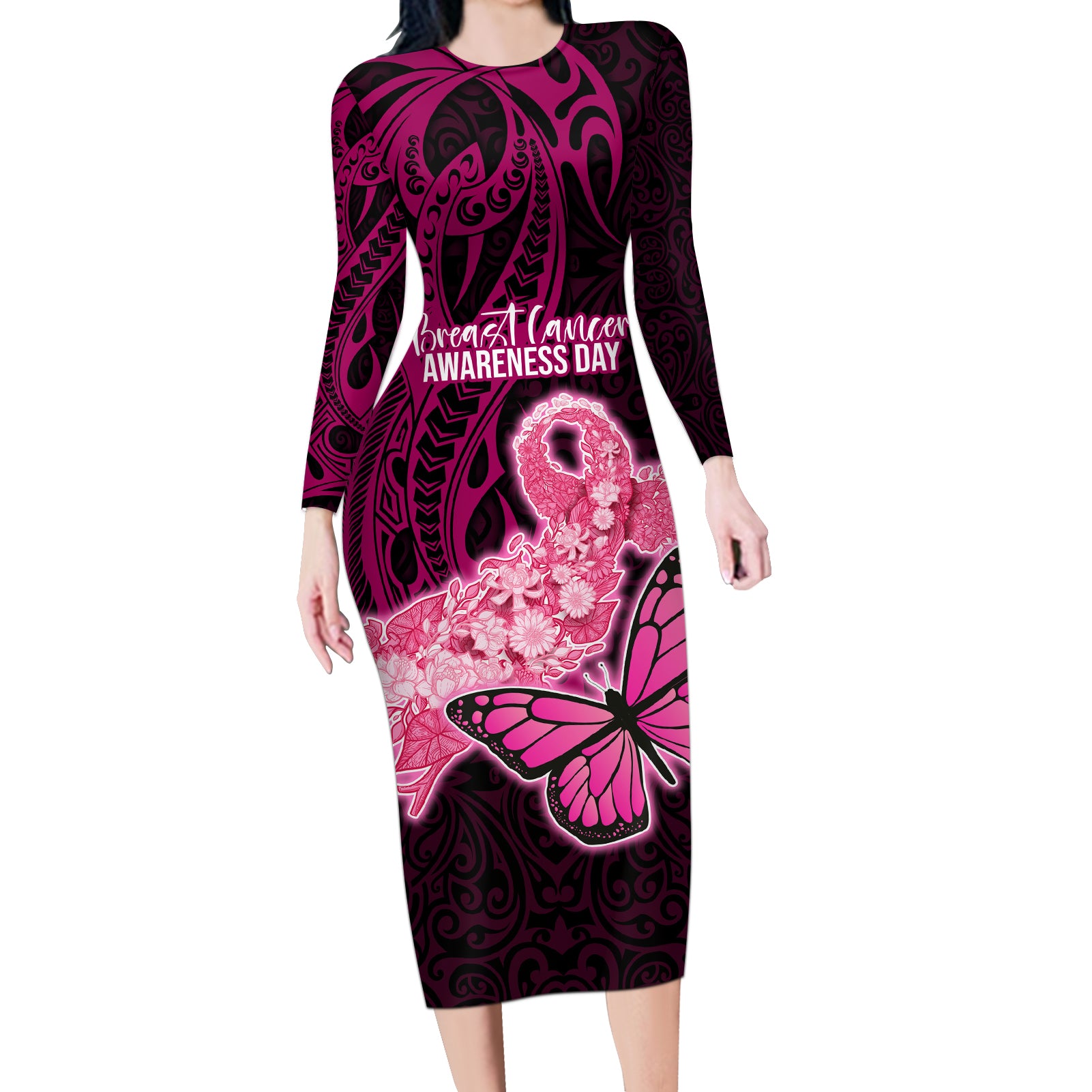 Custom Polynesia Breast Cancer Long Sleeve Bodycon Dress Butterfly and Flowers Ribbon Maori Tattoo Ethnic Black Style LT03 Long Dress Black - Polynesian Pride