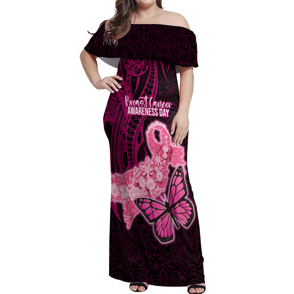 Custom Polynesia Breast Cancer Off Shoulder Maxi Dress Butterfly and Flowers Ribbon Maori Tattoo Ethnic Black Style LT03 Women Black - Polynesian Pride