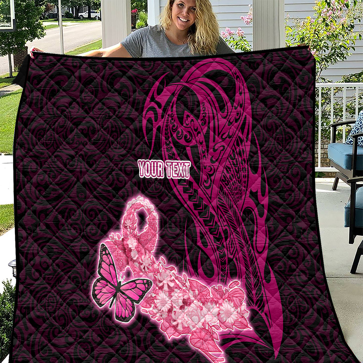 Custom Polynesia Breast Cancer Quilt Butterfly and Flowers Ribbon Maori Tattoo Ethnic Black Style LT03 Black - Polynesian Pride