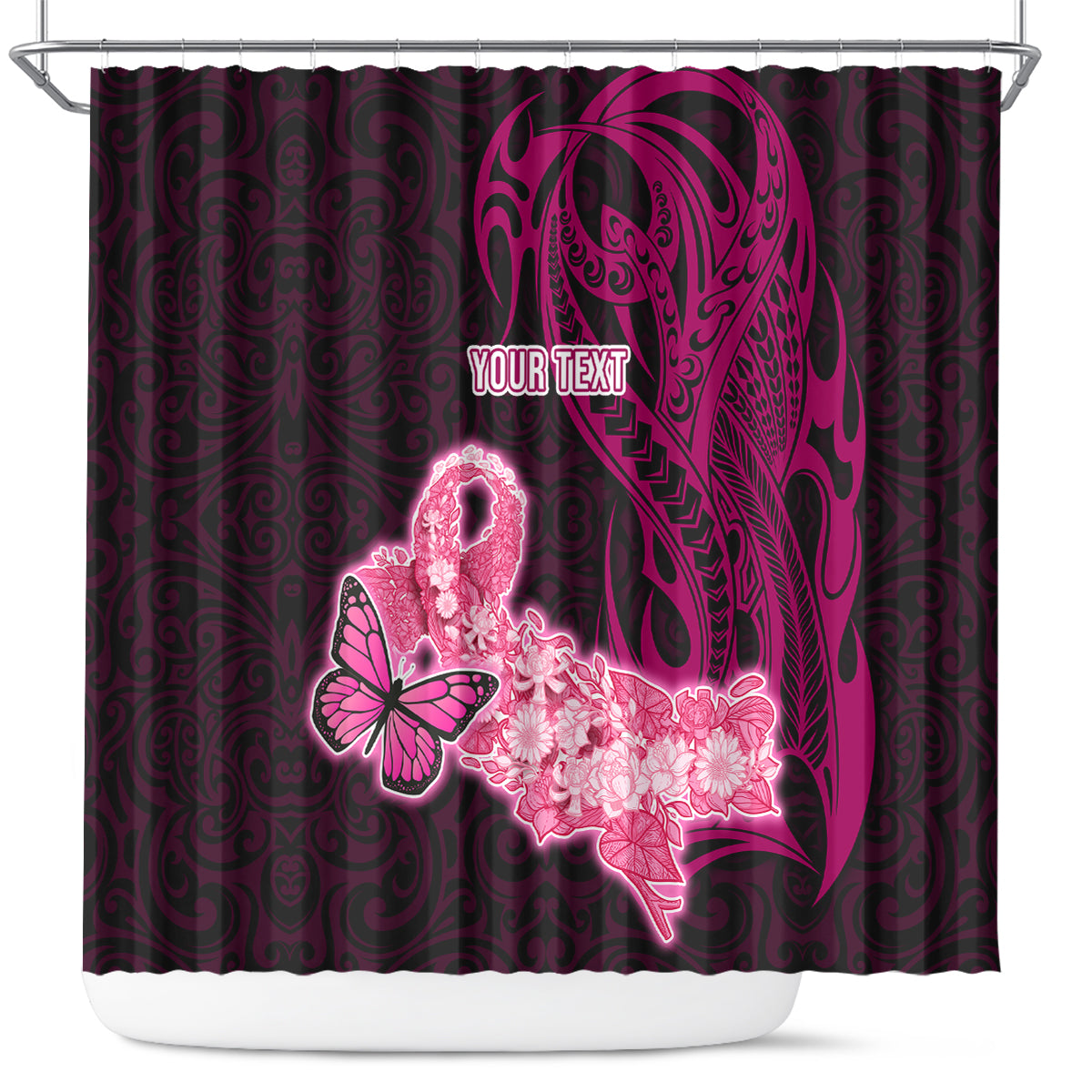 Custom Polynesia Breast Cancer Shower Curtain Butterfly and Flowers Ribbon Maori Tattoo Ethnic Black Style LT03 Black - Polynesian Pride