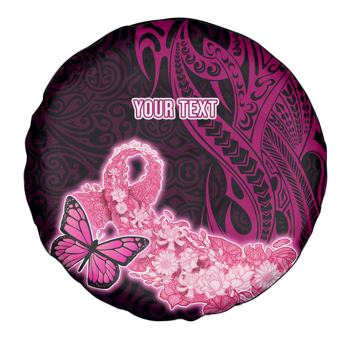 Custom Polynesia Breast Cancer Spare Tire Cover Butterfly and Flowers Ribbon Maori Tattoo Ethnic Black Style LT03 Black - Polynesian Pride