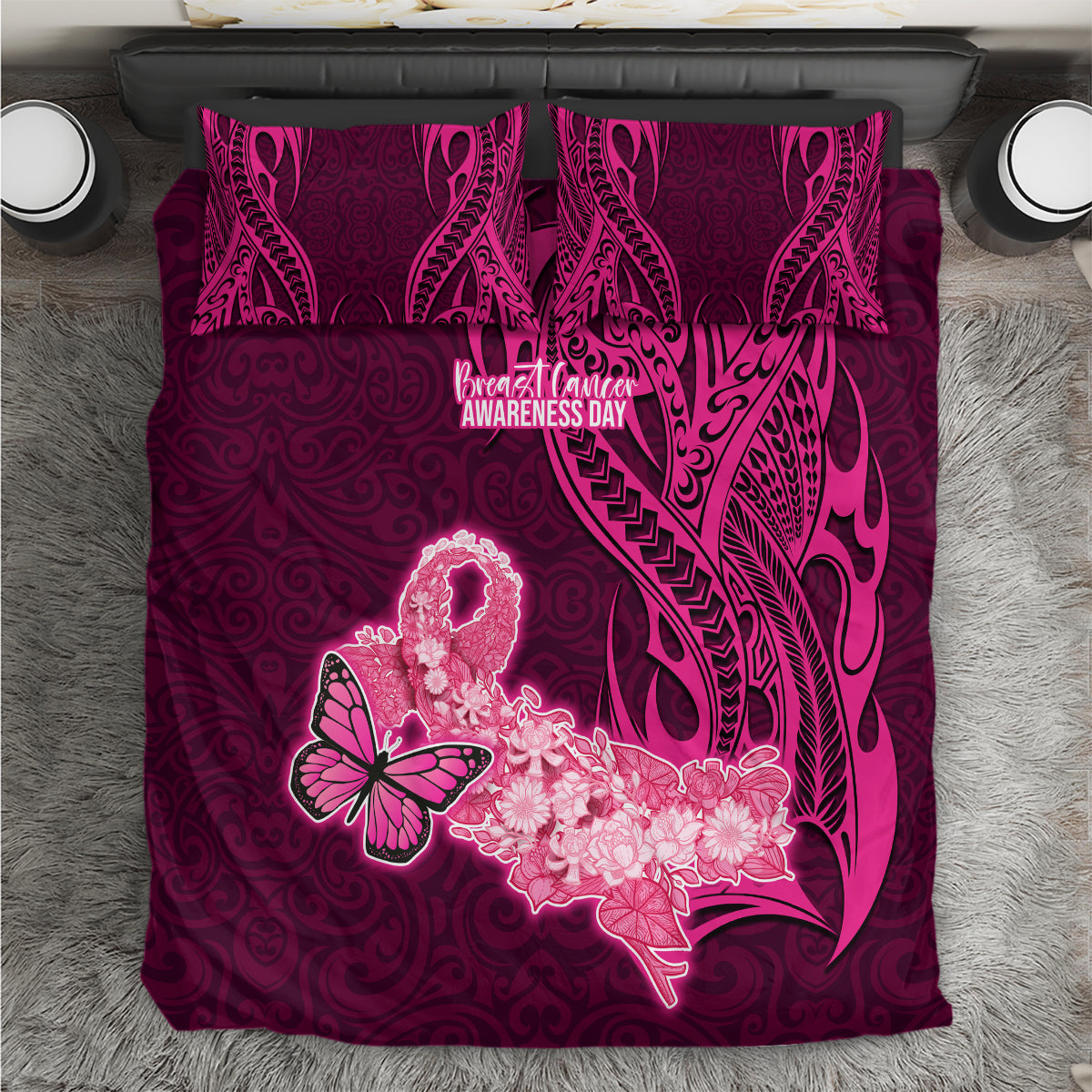 Polynesia Breast Cancer Bedding Set Butterfly and Flowers Ribbon Maori Tattoo Ethnic Pink Style LT03 Pink - Polynesian Pride