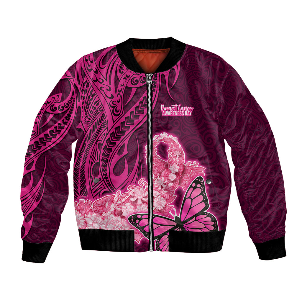 Polynesia Breast Cancer Bomber Jacket Butterfly and Flowers Ribbon Maori Tattoo Ethnic Pink Style LT03 Unisex Pink - Polynesian Pride