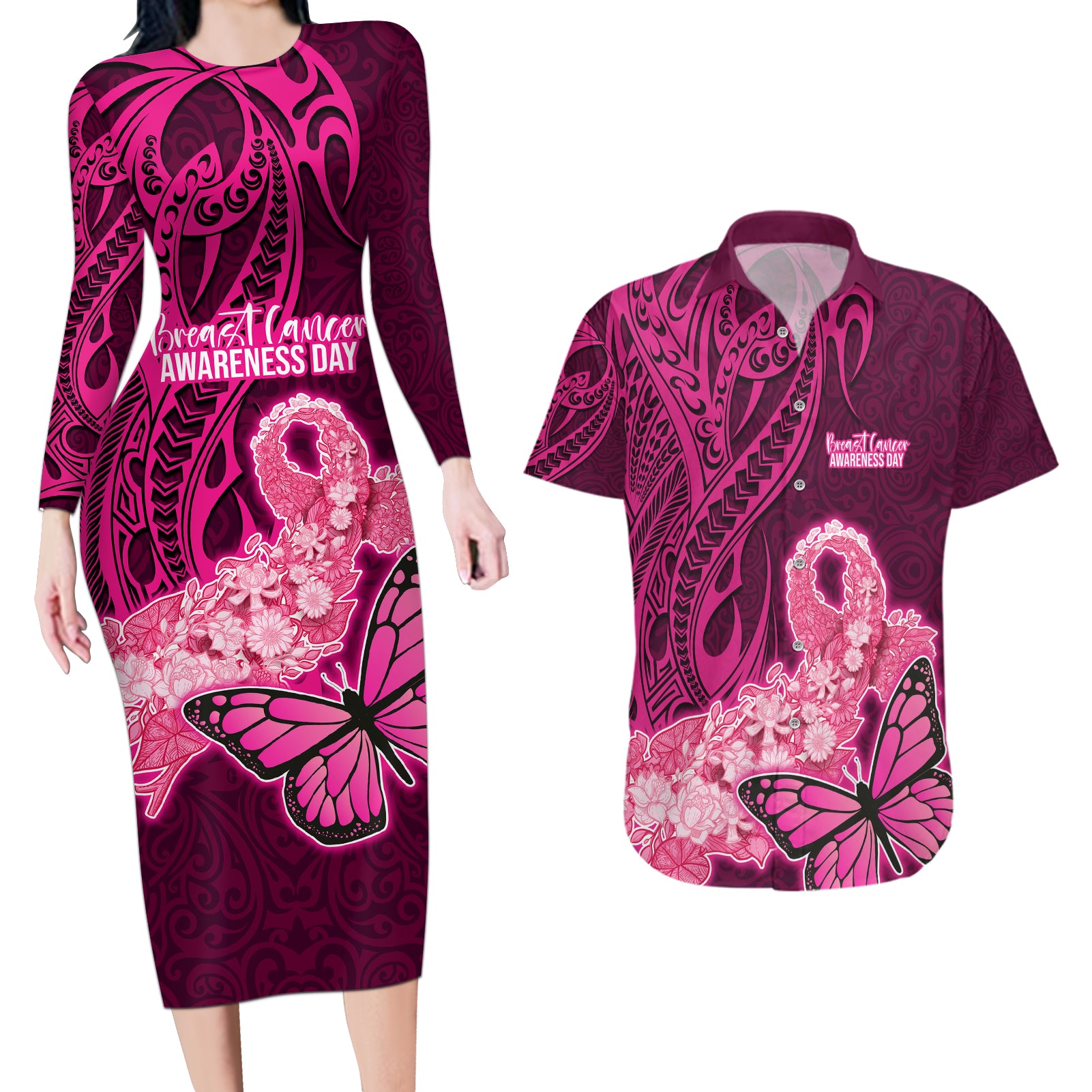 Polynesia Breast Cancer Couples Matching Long Sleeve Bodycon Dress and Hawaiian Shirt Butterfly and Flowers Ribbon Maori Tattoo Ethnic Pink Style LT03 Pink - Polynesian Pride