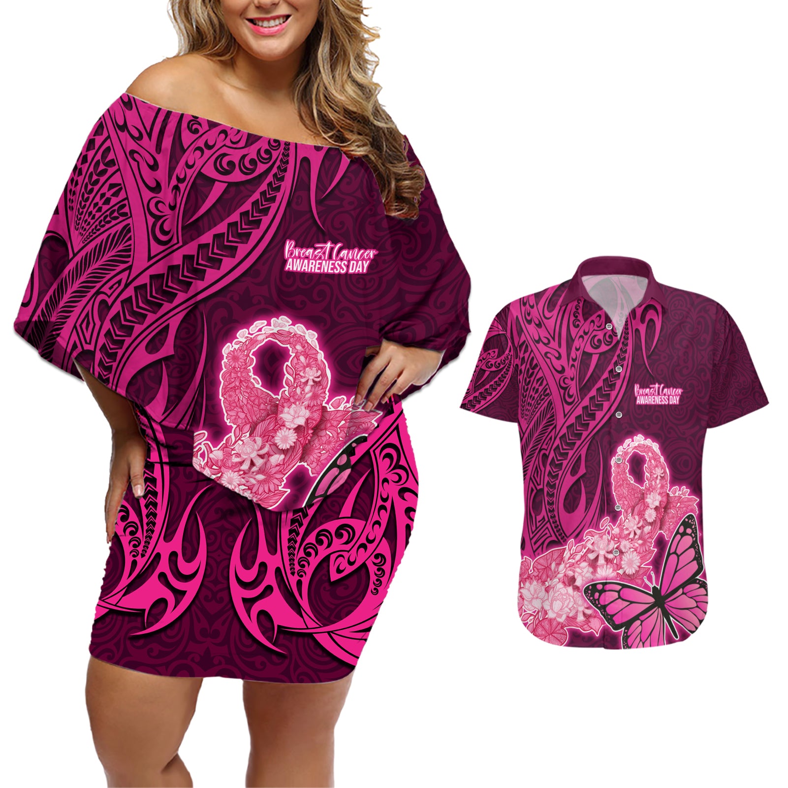 Polynesia Breast Cancer Couples Matching Off Shoulder Short Dress and Hawaiian Shirt Butterfly and Flowers Ribbon Maori Tattoo Ethnic Pink Style LT03 Pink - Polynesian Pride