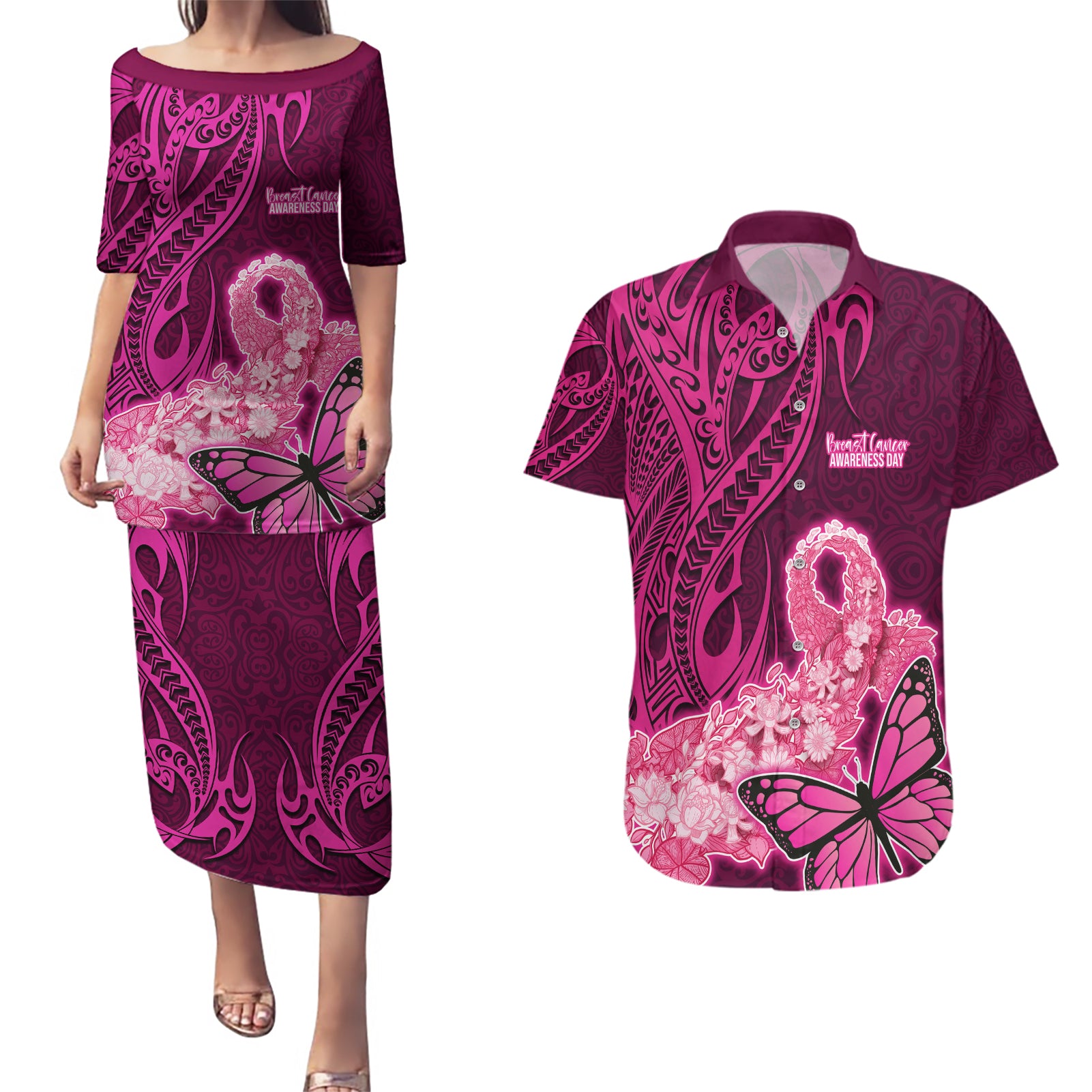 Polynesia Breast Cancer Couples Matching Puletasi Dress and Hawaiian Shirt Butterfly and Flowers Ribbon Maori Tattoo Ethnic Pink Style LT03 Pink - Polynesian Pride