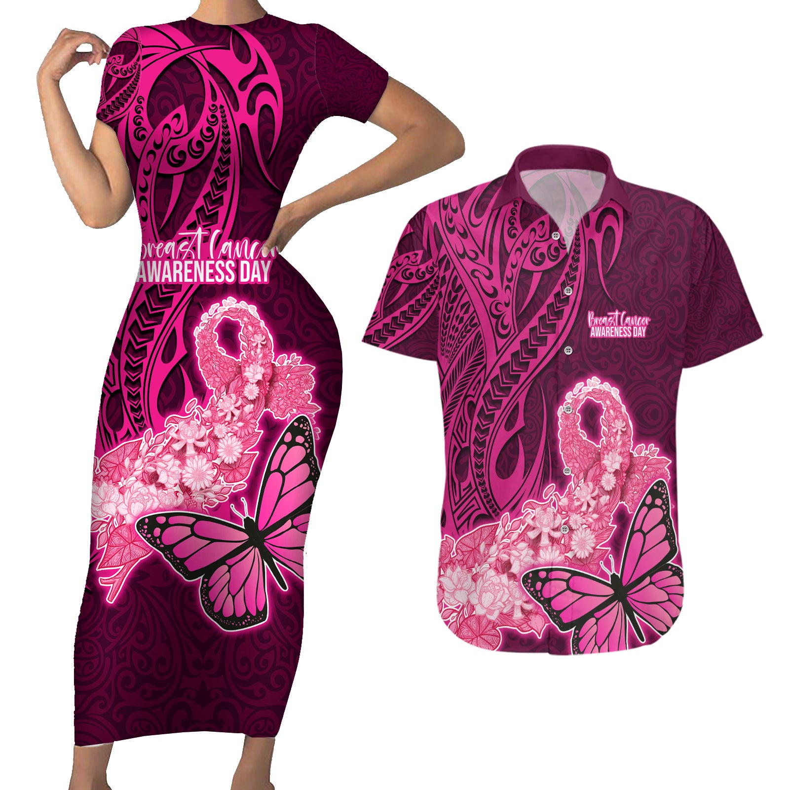 Polynesia Breast Cancer Couples Matching Short Sleeve Bodycon Dress and Hawaiian Shirt Butterfly and Flowers Ribbon Maori Tattoo Ethnic Pink Style LT03 Pink - Polynesian Pride