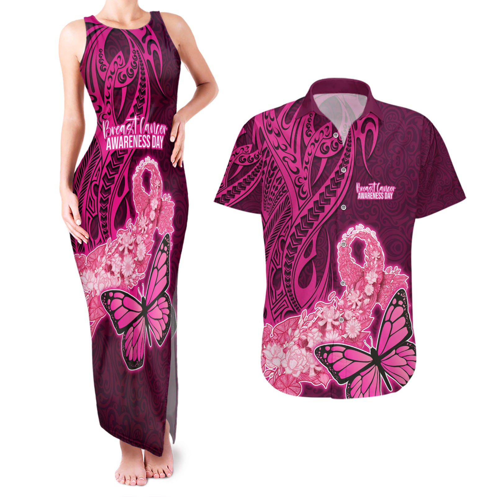 Polynesia Breast Cancer Couples Matching Tank Maxi Dress and Hawaiian Shirt Butterfly and Flowers Ribbon Maori Tattoo Ethnic Pink Style LT03 Pink - Polynesian Pride