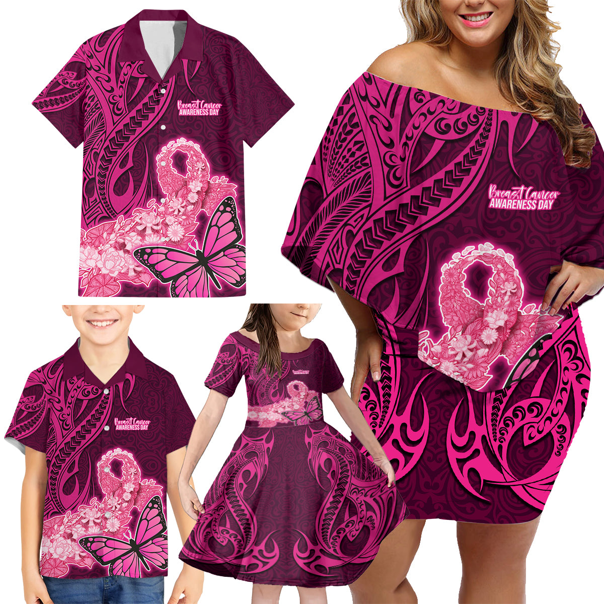 Polynesia Breast Cancer Family Matching Off Shoulder Short Dress and Hawaiian Shirt Butterfly and Flowers Ribbon Maori Tattoo Ethnic Pink Style LT03 - Polynesian Pride