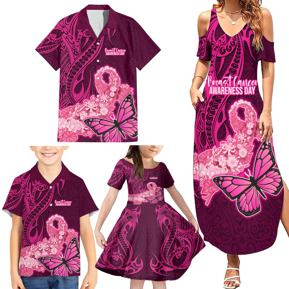 Polynesia Breast Cancer Family Matching Summer Maxi Dress and Hawaiian Shirt Butterfly and Flowers Ribbon Maori Tattoo Ethnic Pink Style LT03 - Polynesian Pride