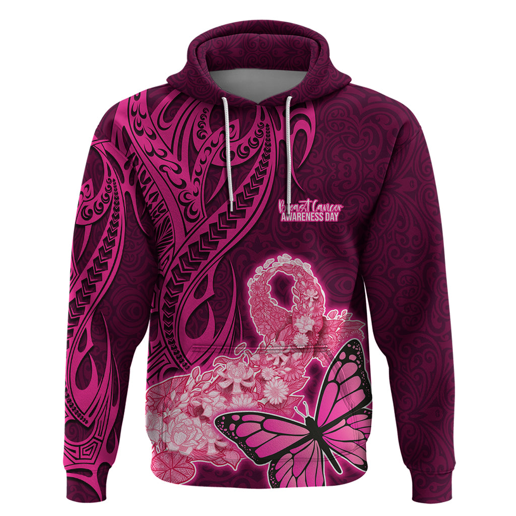 Polynesia Breast Cancer Hoodie Butterfly and Flowers Ribbon Maori Tattoo Ethnic Pink Style LT03 Pink - Polynesian Pride