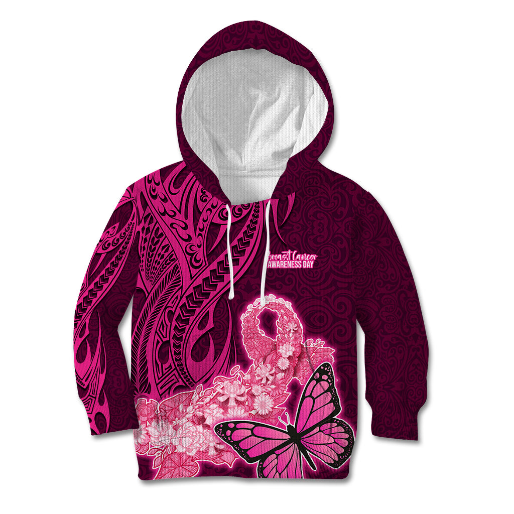 Polynesia Breast Cancer Kid Hoodie Butterfly and Flowers Ribbon Maori Tattoo Ethnic Pink Style LT03 Hoodie Pink - Polynesian Pride