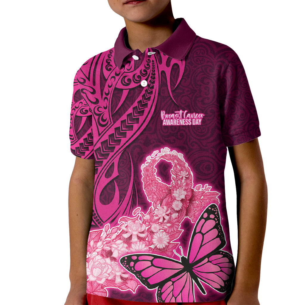 Polynesia Breast Cancer Kid Polo Shirt Butterfly and Flowers Ribbon Maori Tattoo Ethnic Pink Style LT03 Kid Pink - Polynesian Pride