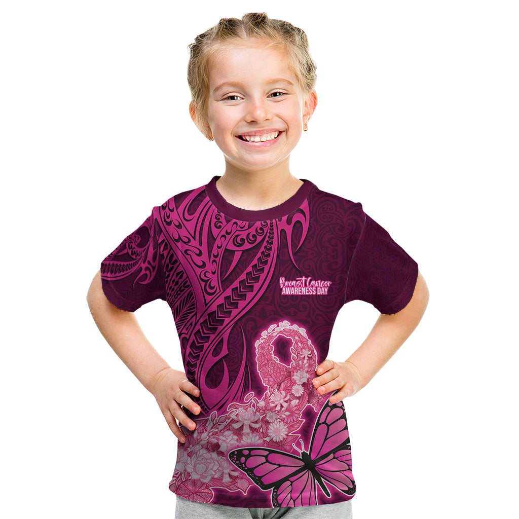 Polynesia Breast Cancer Kid T Shirt Butterfly and Flowers Ribbon Maori Tattoo Ethnic Pink Style LT03 Pink - Polynesian Pride