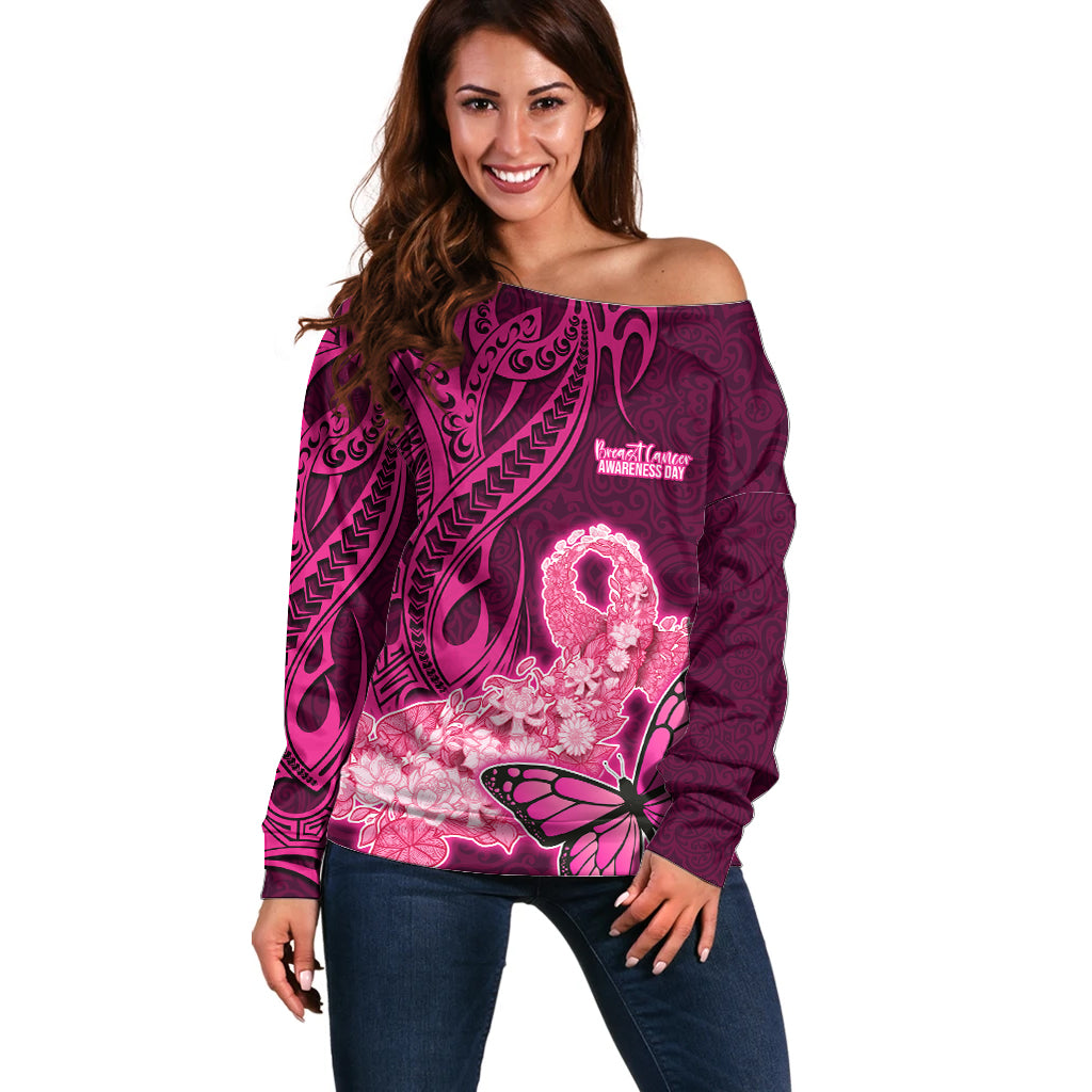 Polynesia Breast Cancer Off Shoulder Sweater Butterfly and Flowers Ribbon Maori Tattoo Ethnic Pink Style LT03 Women Pink - Polynesian Pride