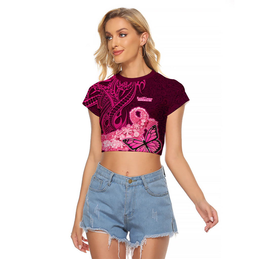 Polynesia Breast Cancer Raglan Cropped T Shirt Butterfly and Flowers Ribbon Maori Tattoo Ethnic Pink Style LT03 Female Pink - Polynesian Pride